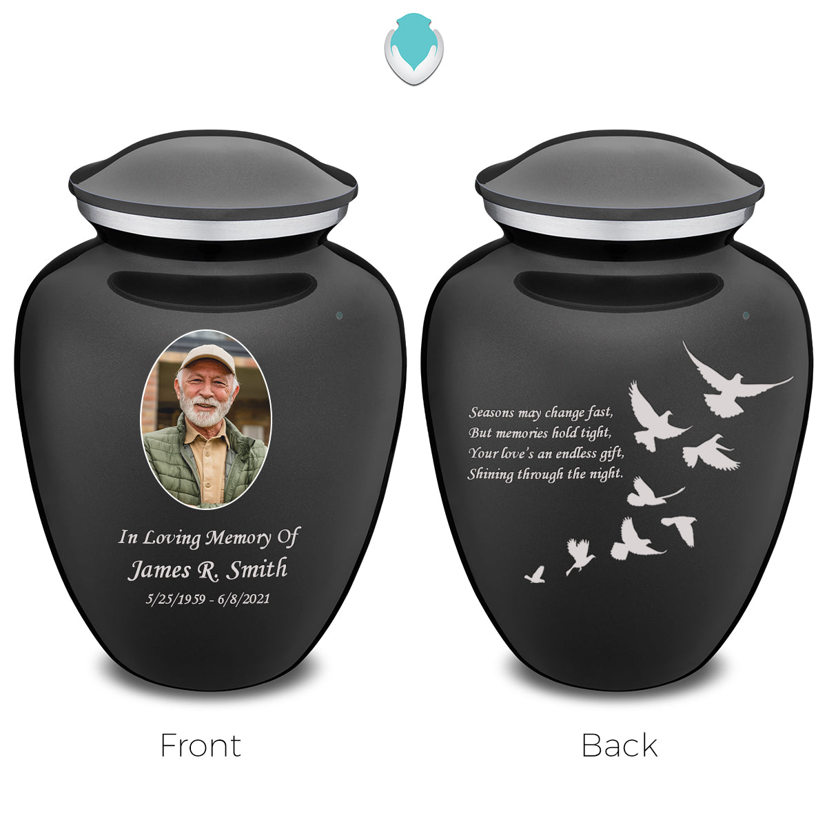 Medium Embrace Charcoal Portrait with Doves Cremation Urn