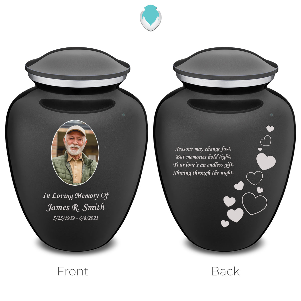 Medium Embrace Charcoal Portrait with Floating Hearts Cremation Urn