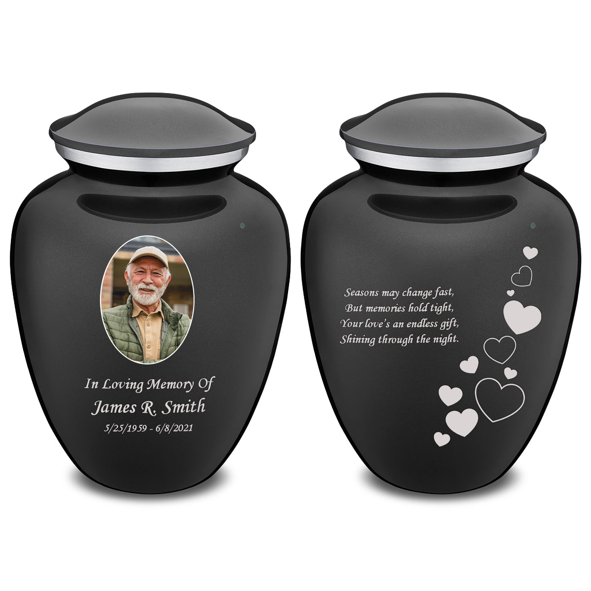 Medium Embrace Charcoal Portrait with Floating Hearts Cremation Urn