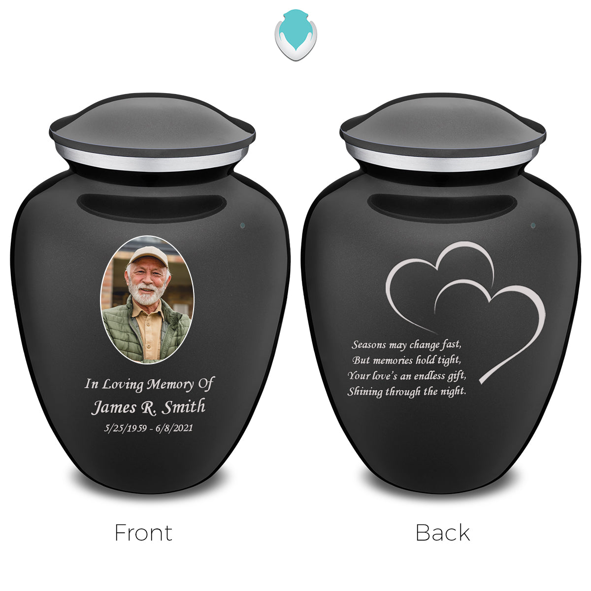 Medium Embrace Charcoal Portrait with Hearts Cremation Urn