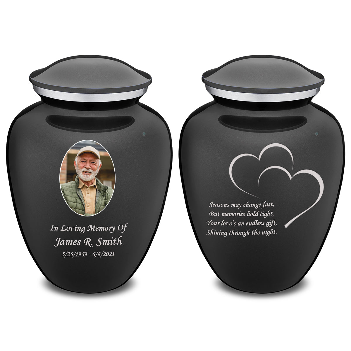 Medium Embrace Charcoal Portrait with Hearts Cremation Urn