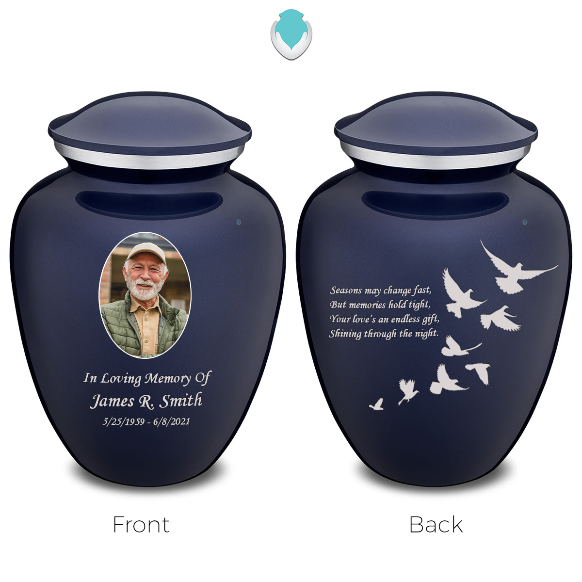 Medium Embrace Cobalt Blue Portrait with Doves Cremation Urn