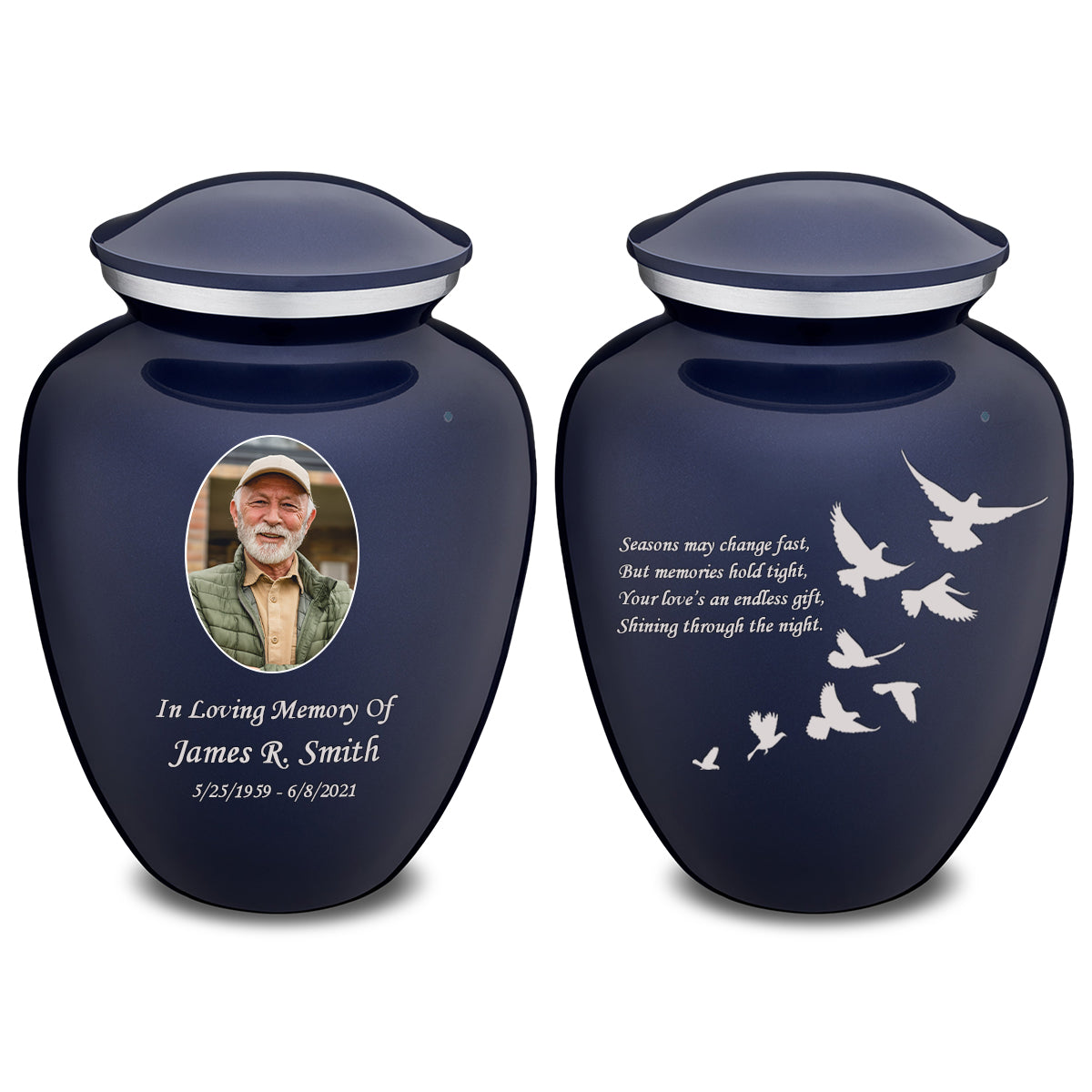 Medium Embrace Cobalt Blue Portrait with Doves Cremation Urn