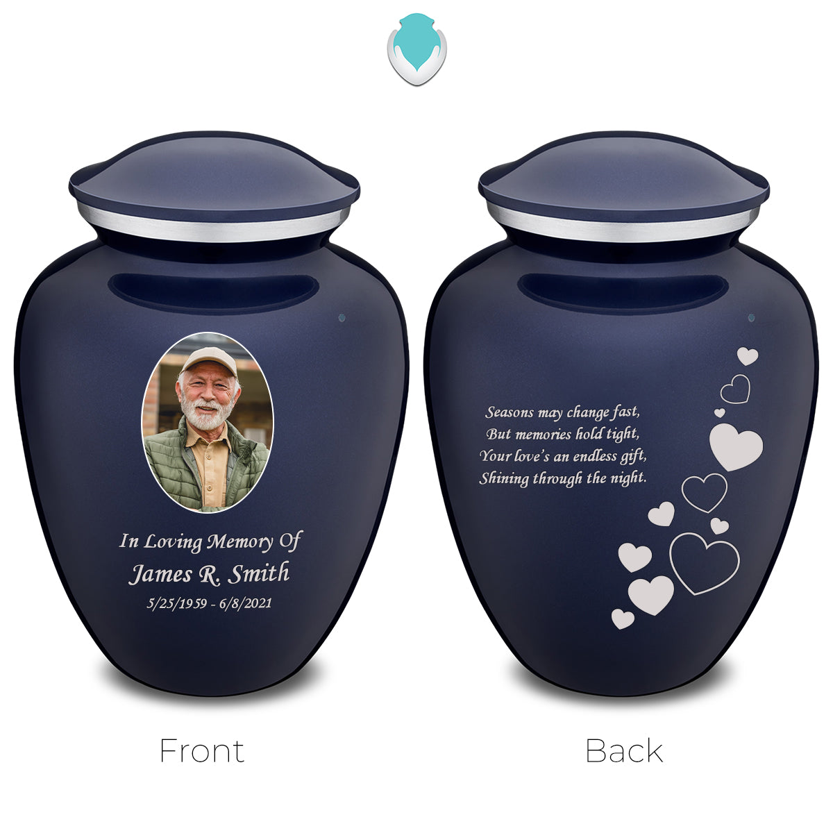 Medium Embrace Cobalt Blue Portrait with Floating Hearts  Cremation Urn