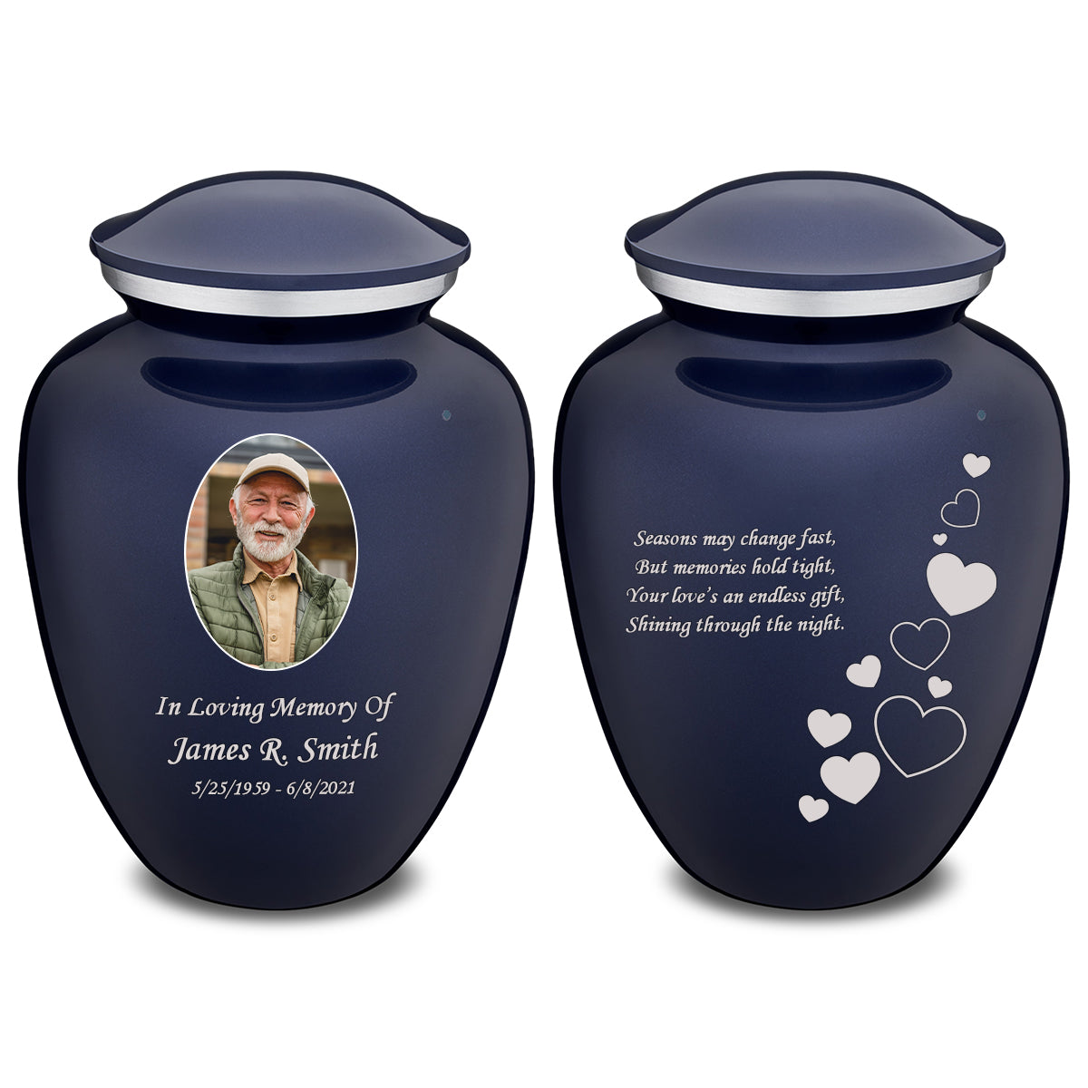Medium Embrace Cobalt Blue Portrait with Floating Hearts  Cremation Urn