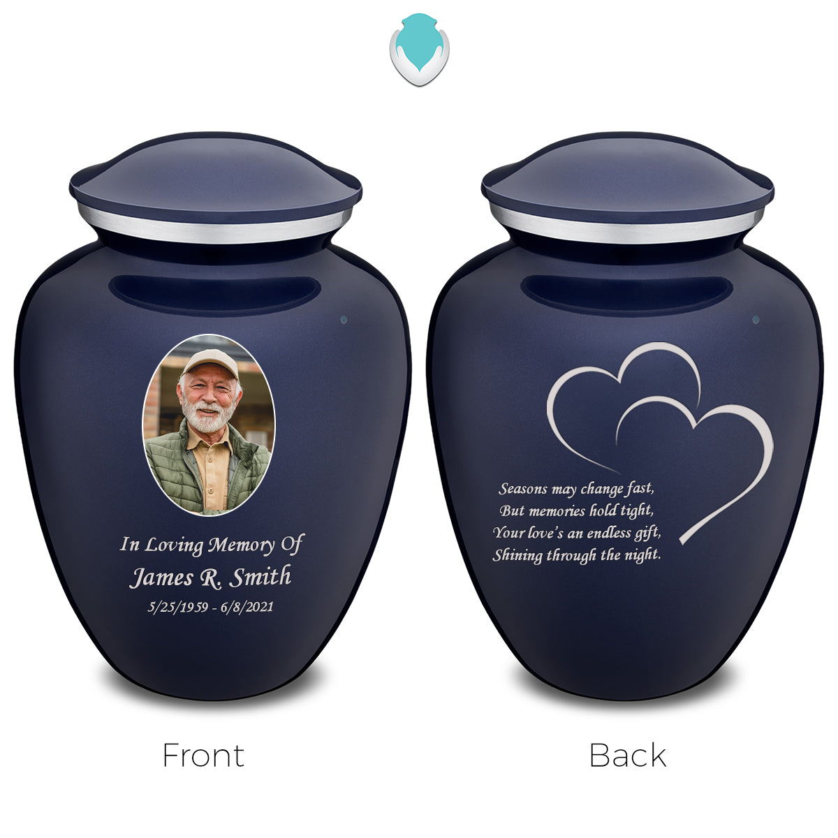 Medium Embrace Cobalt Blue Portrait with Hearts Cremation Urn