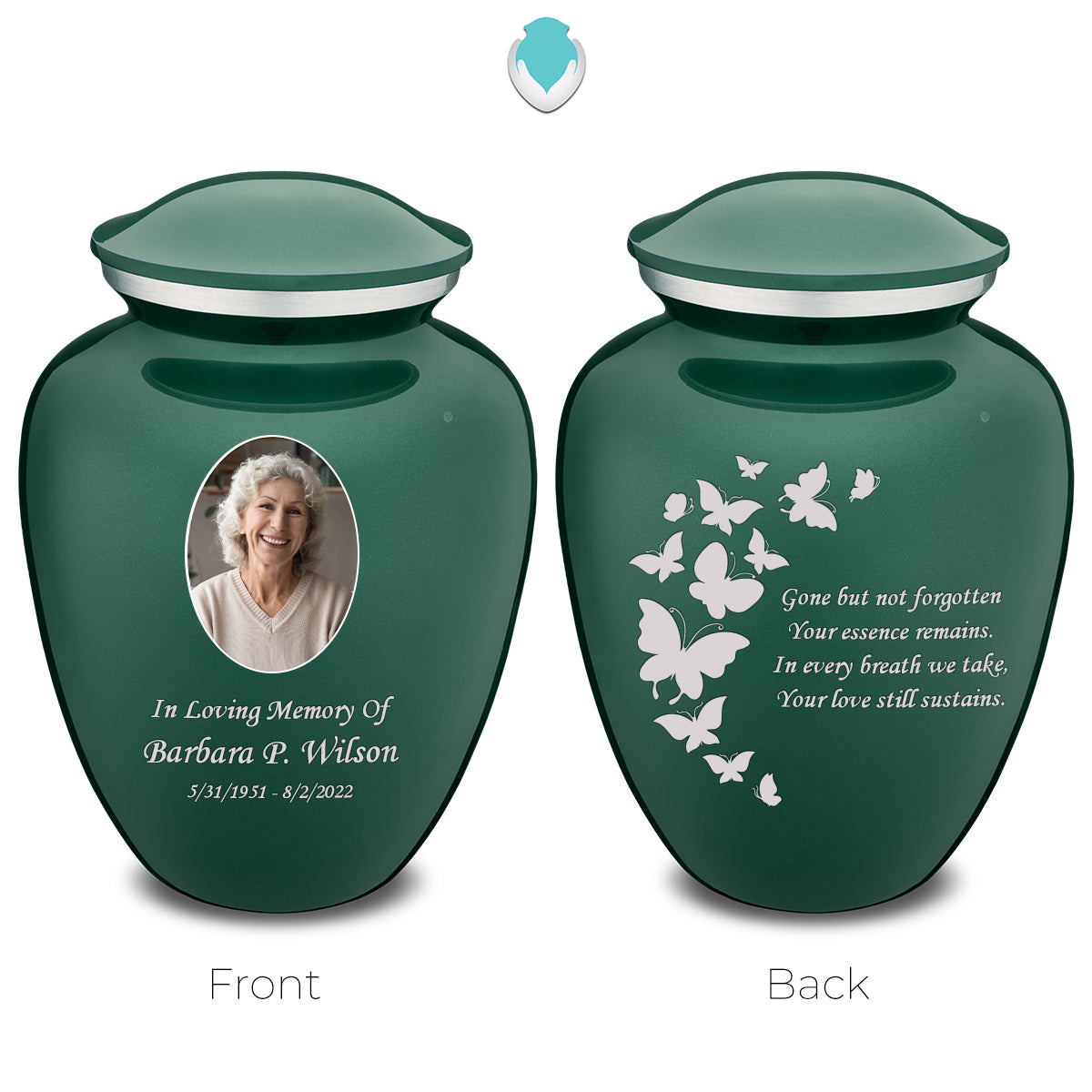Medium Embrace Green Portrait with Butterflies Cremation Urn