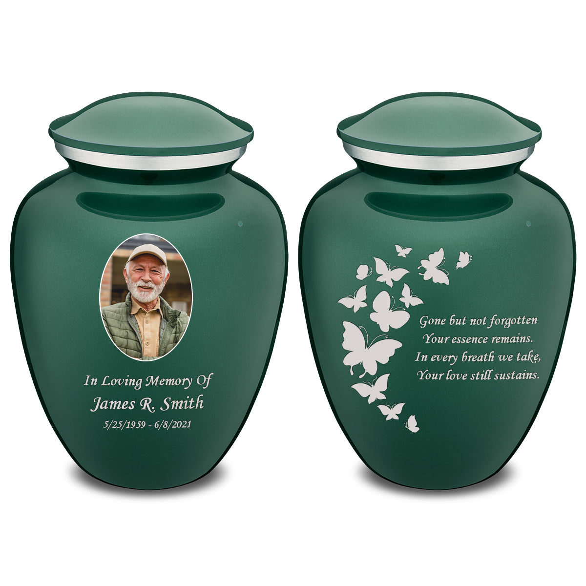 Adult Embrace Green Portrait with Butterflies Cremation Urn
