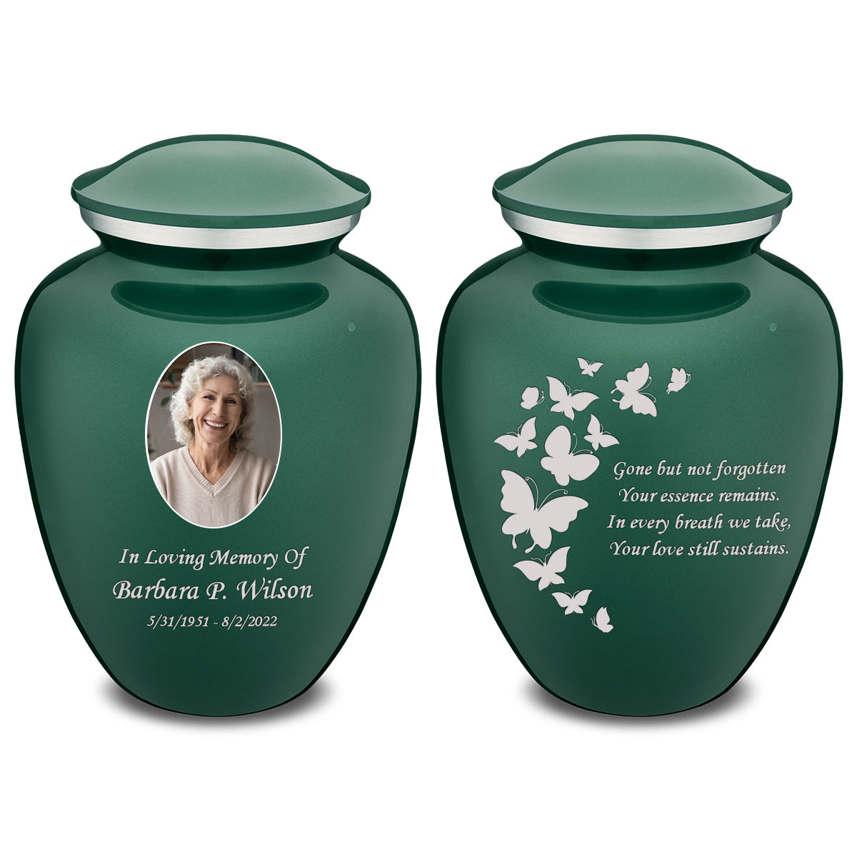 Medium Embrace Green Portrait with Butterflies Cremation Urn