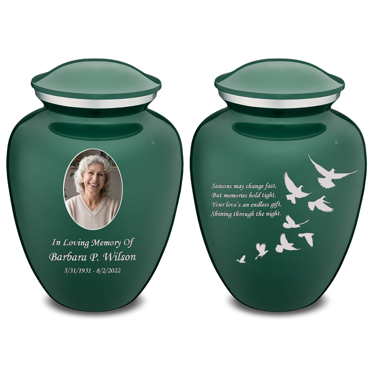 Medium Embrace Green Portrait with Doves Cremation Urn
