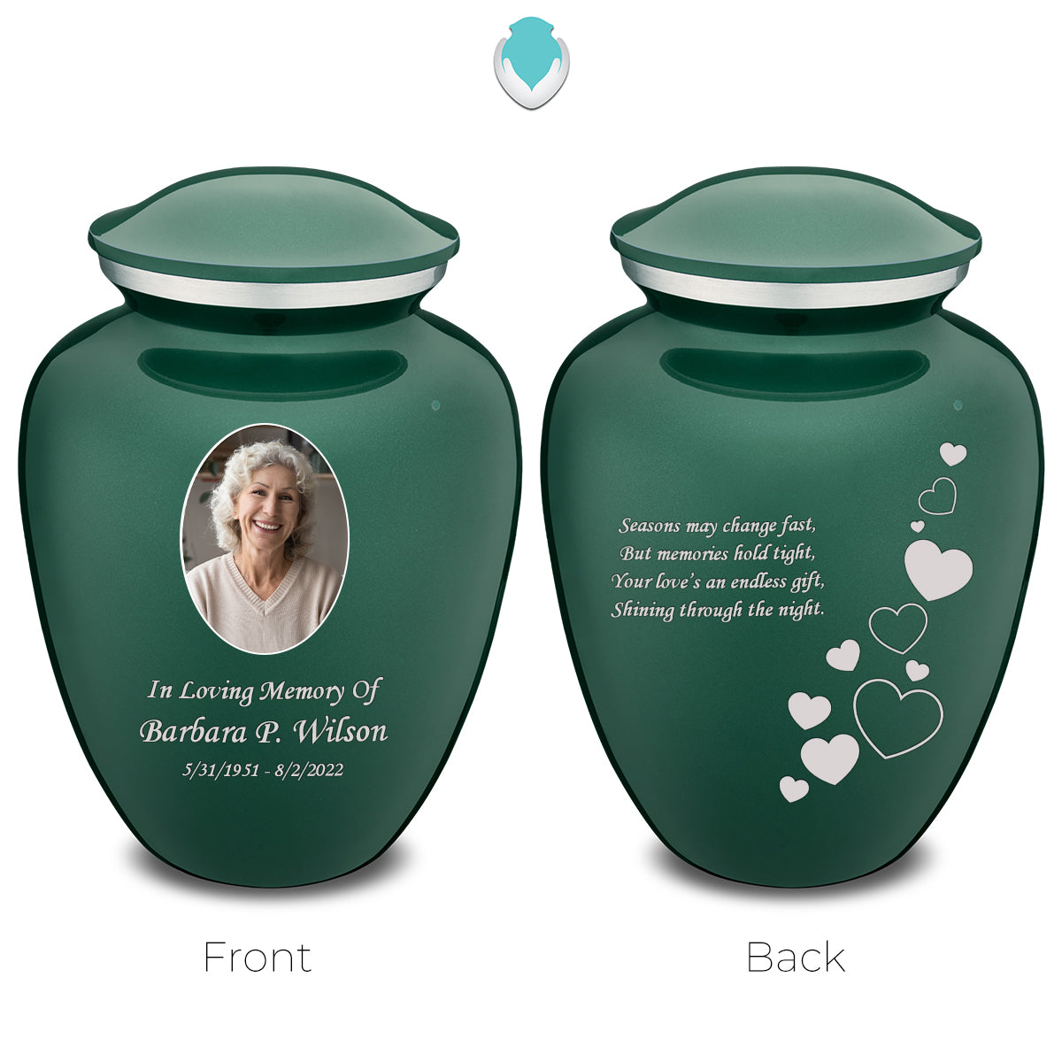 Medium Embrace Green Portrait with Floating Hearts Cremation Urn