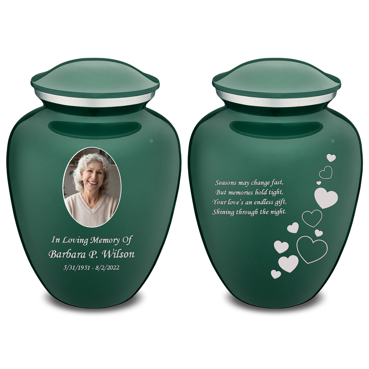 Medium Embrace Green Portrait with Floating Hearts Cremation Urn