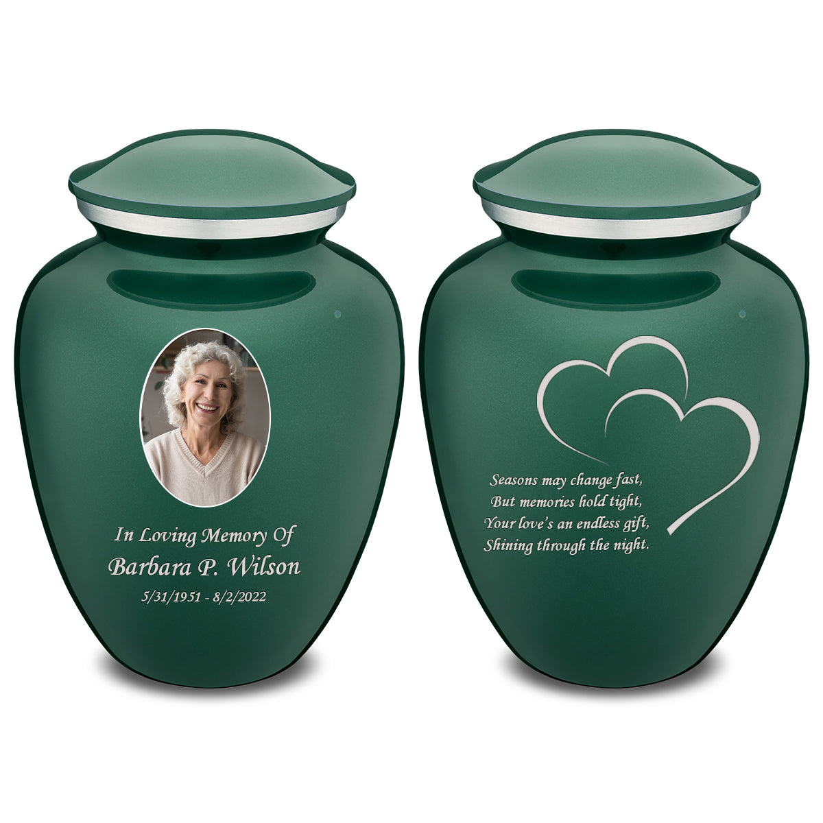 Medium Embrace Green Portrait with Hearts Cremation Urn