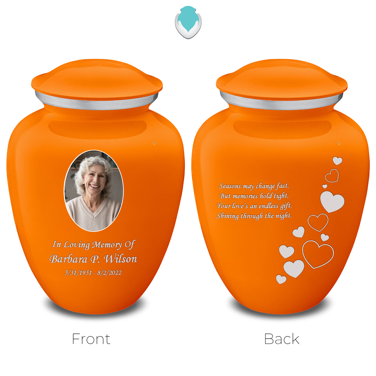 Medium Embrace Burnt Orange Portrait with Floating Hearts Cremation Urn