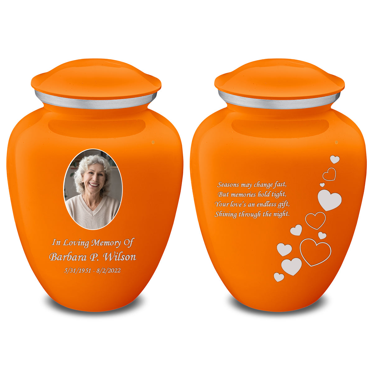 Medium Embrace Burnt Orange Portrait with Floating Hearts Cremation Urn