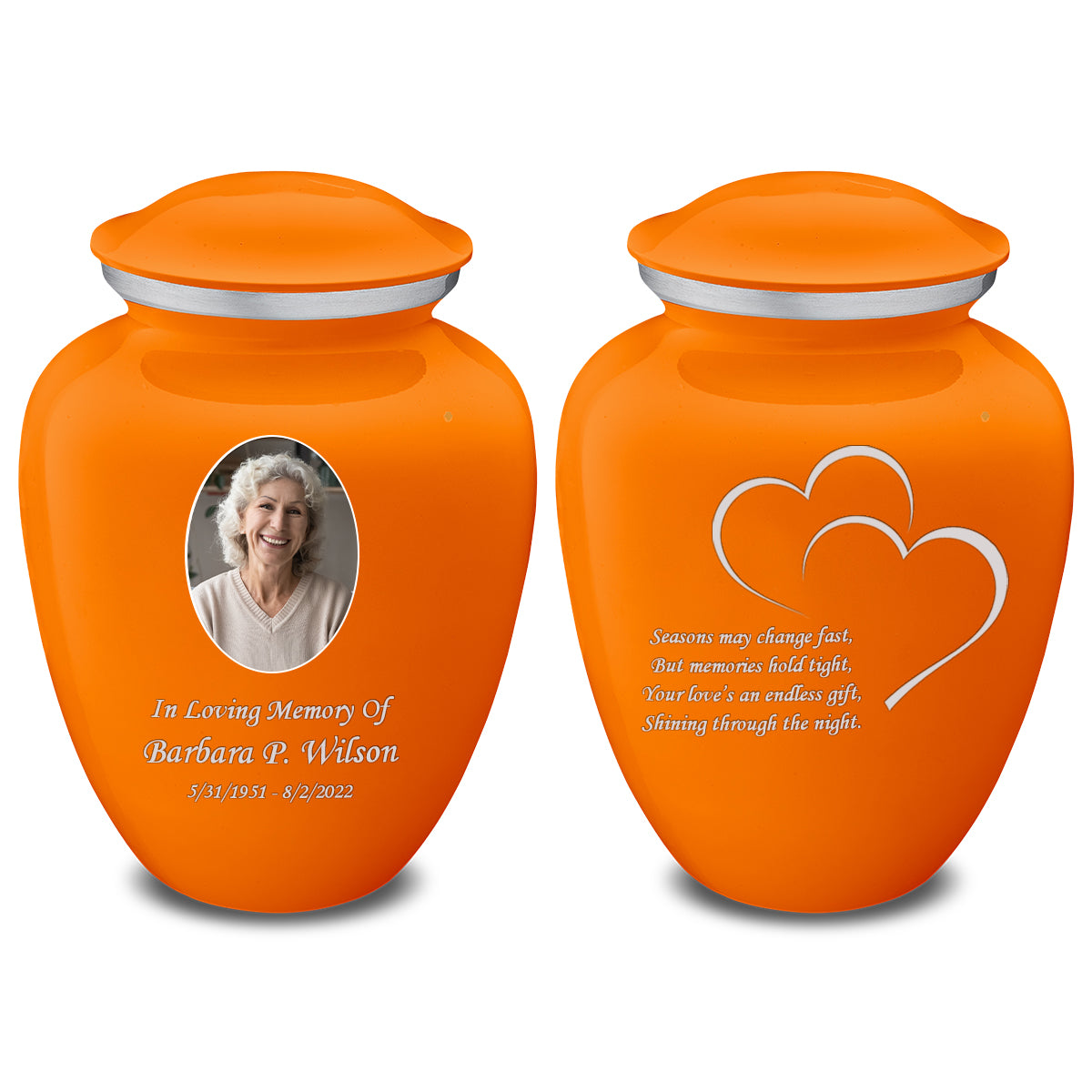 Medium Embrace Burnt Orange Portrait with Hearts Cremation Urn