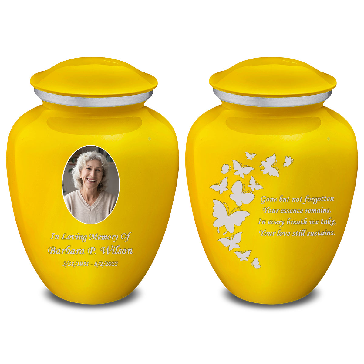Medium Embrace Yellow Portrait with Butterflies Cremation Urn