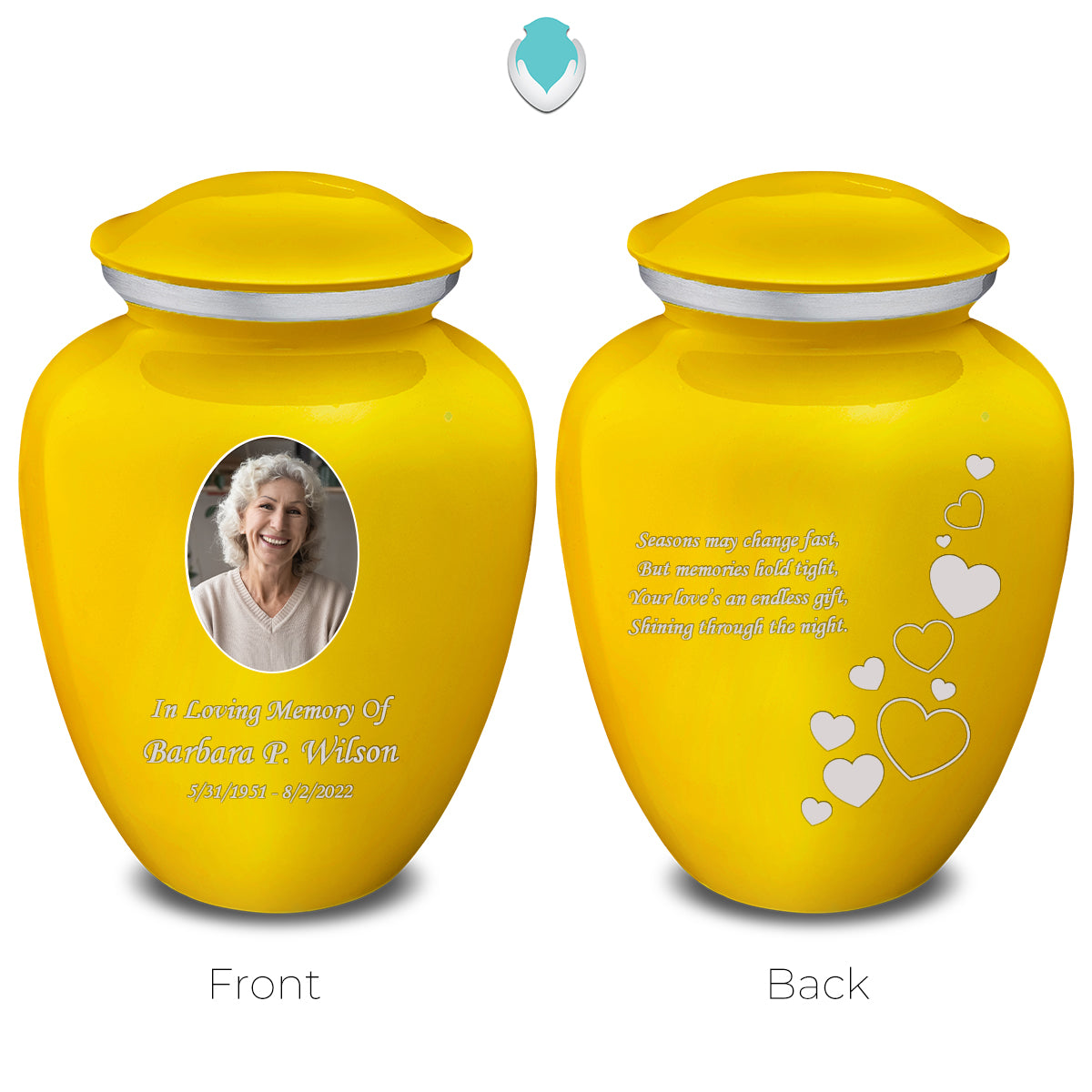 Medium Embrace Yellow Portrait with Floating Hearts Cremation Urn