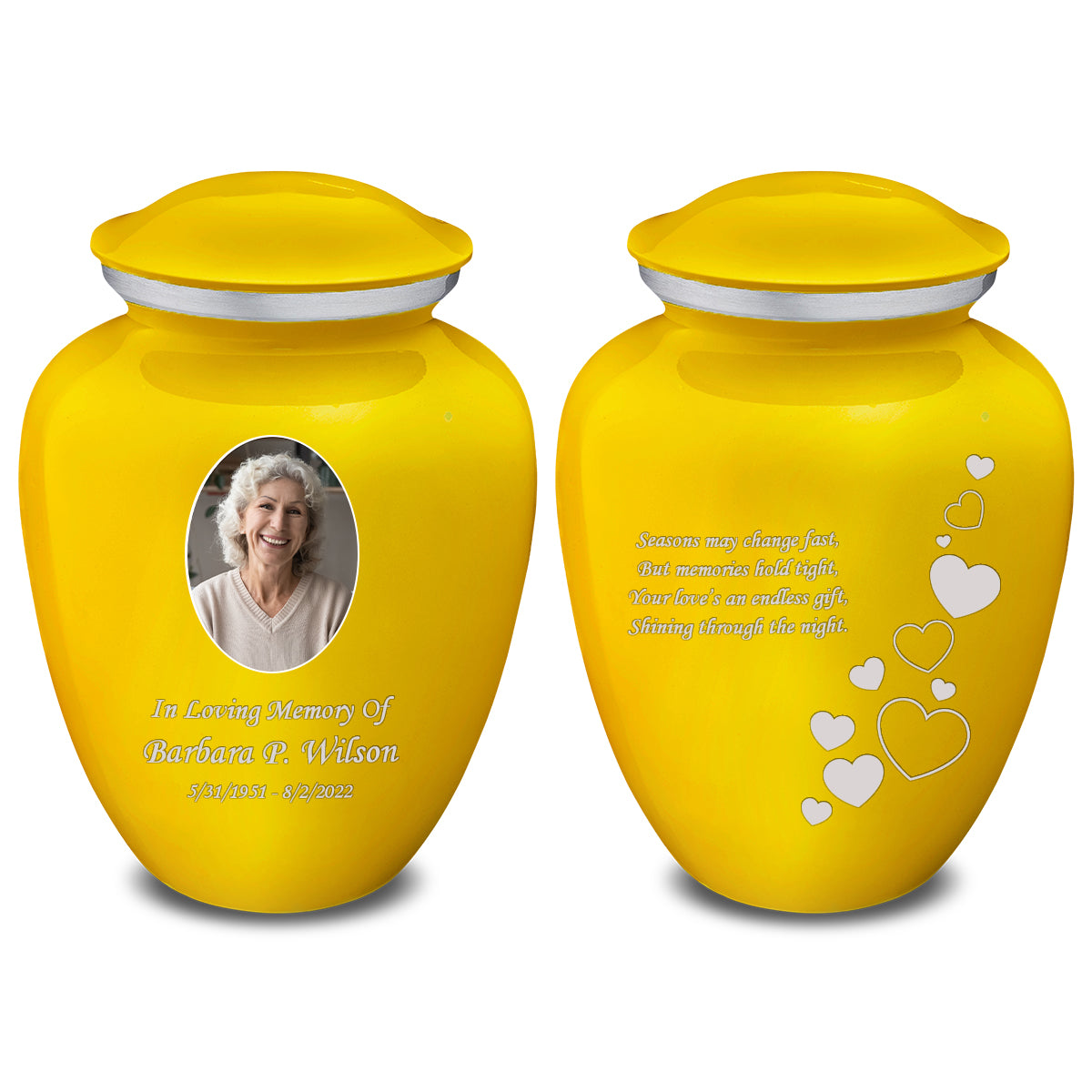 Medium Embrace Yellow Portrait with Floating Hearts Cremation Urn