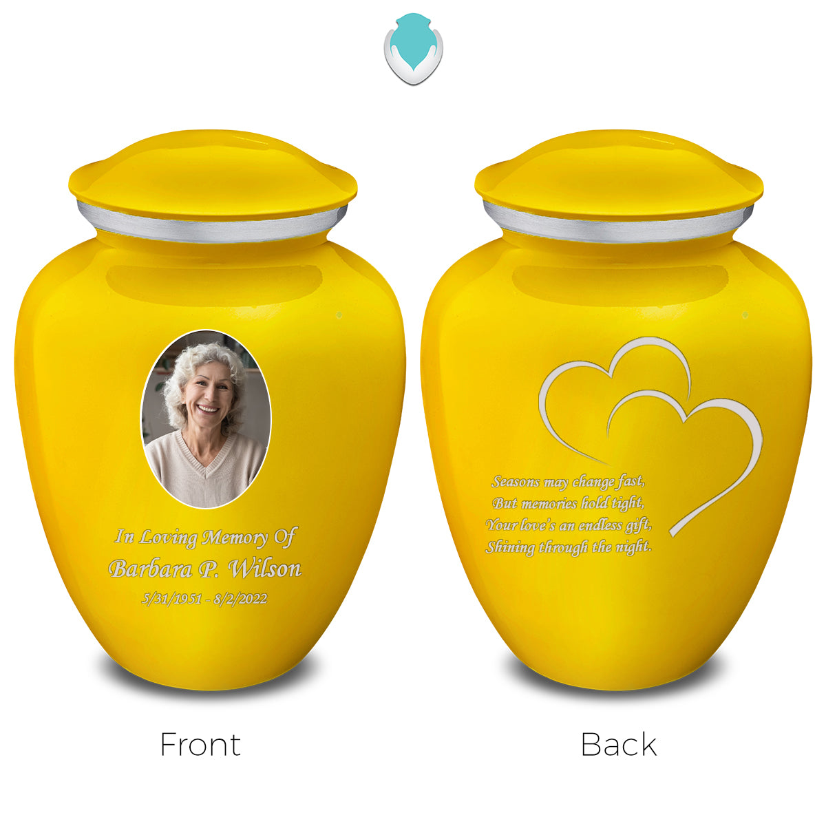 Medium Embrace Yellow Portrait with Hearts Cremation Urn