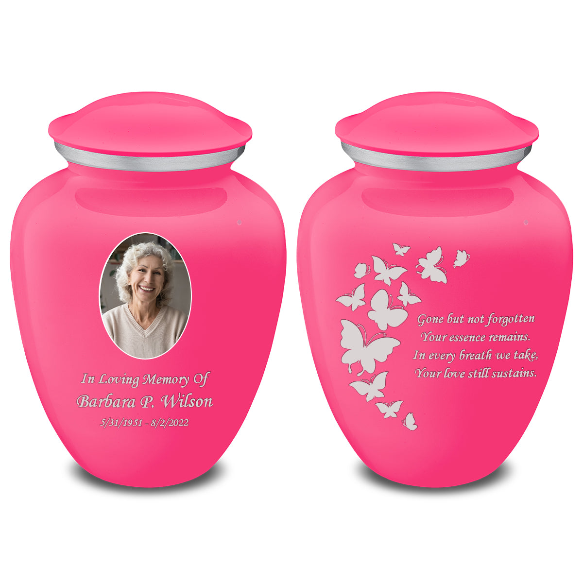 Adult Embrace Bright Pink Portrait with Butterflies Cremation Urn