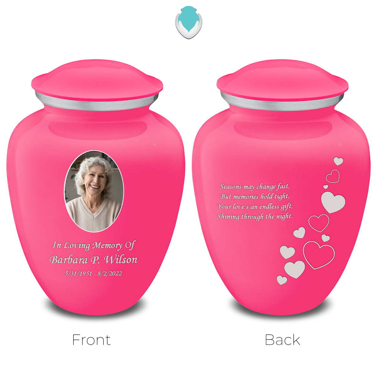 Medium Embrace Bright Pink Portrait with Floating hearts Cremation Urn