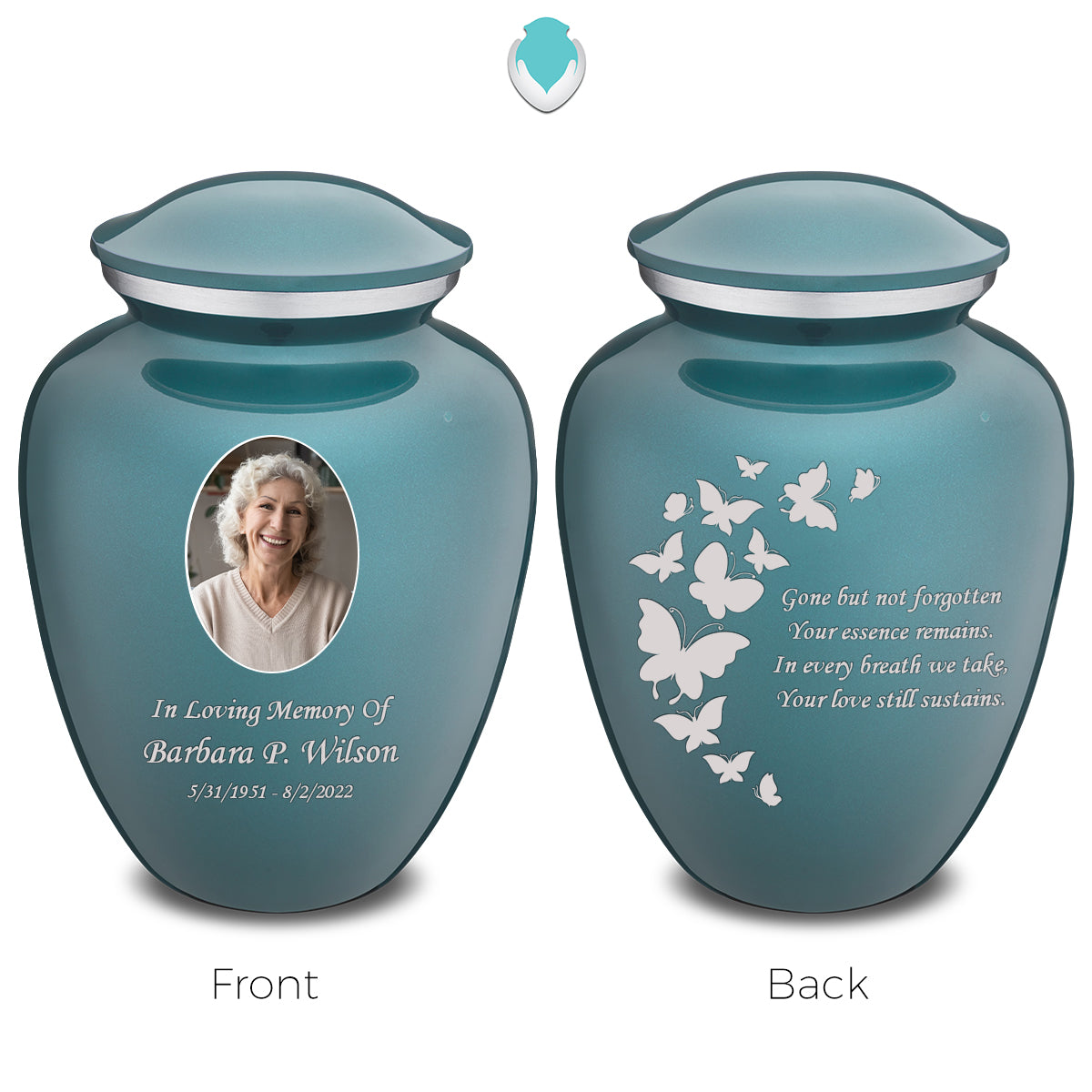 Medium Embrace Teal Portrait with Butterflies Cremation Urn