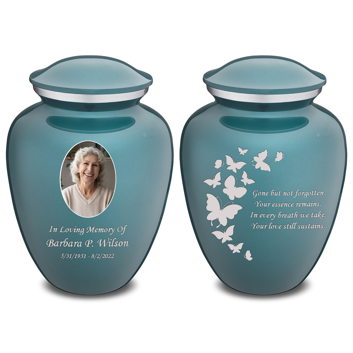 Medium Embrace Teal Portrait with Butterflies Cremation Urn