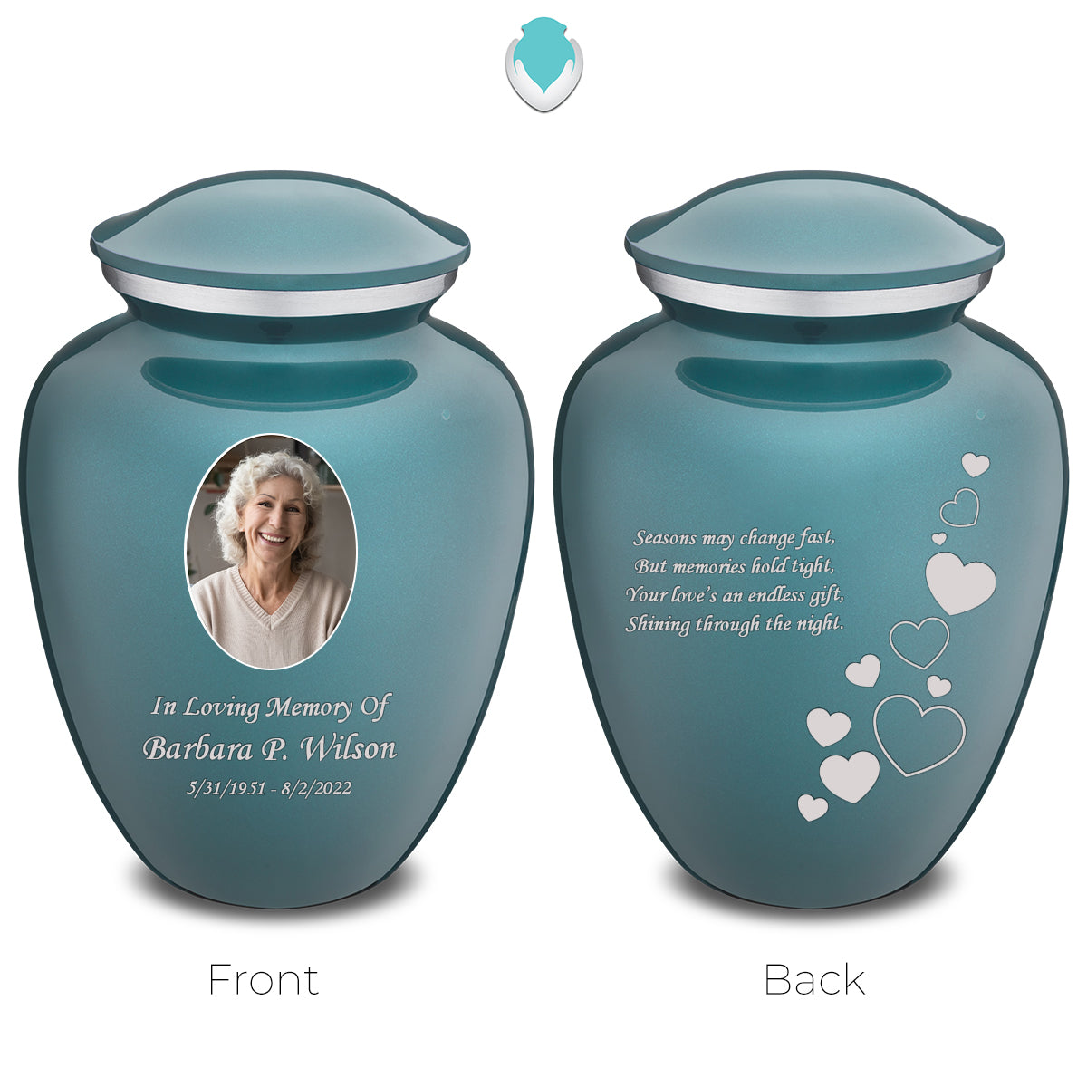 Medium Embrace Teal Portrait with Floating Hearts Cremation Urn