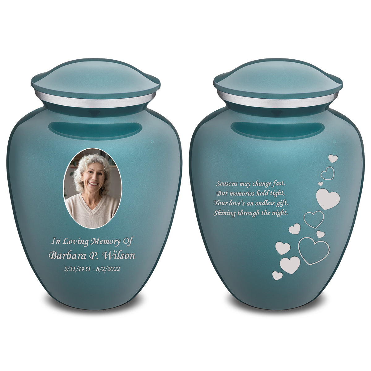 Medium Embrace Teal Portrait with Floating Hearts Cremation Urn