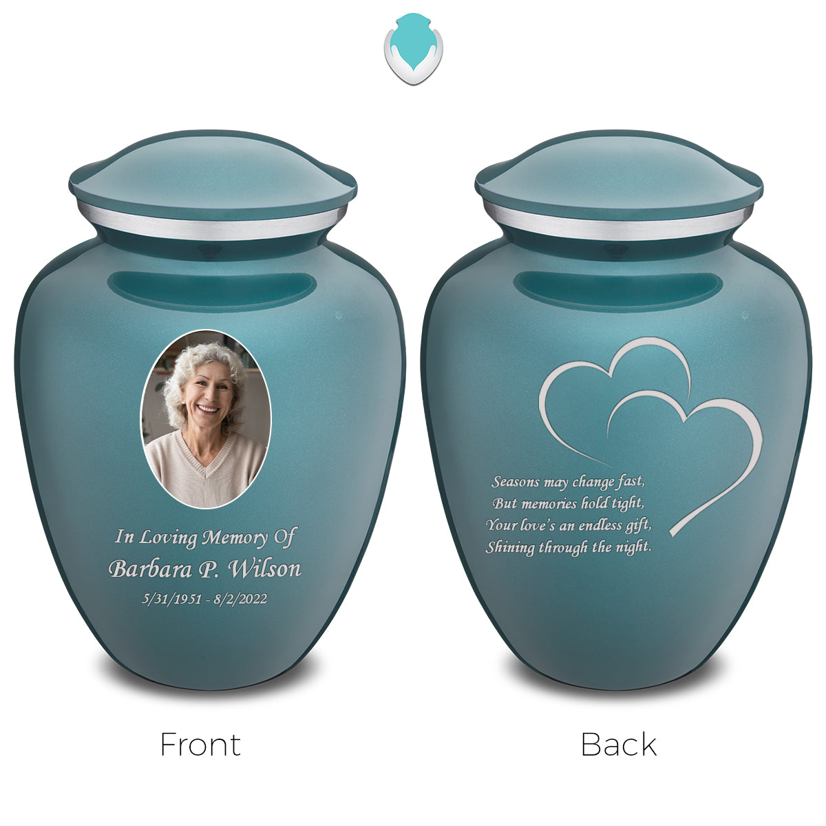 Medium Embrace Teal Portrait with Hearts Cremation Urn