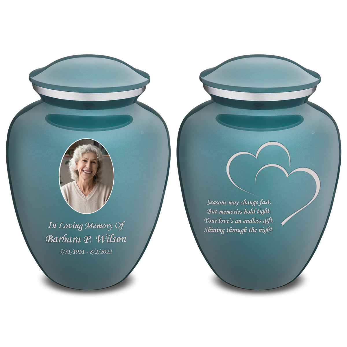Adult Embrace Teal Portrait with Hearts Cremation Urn