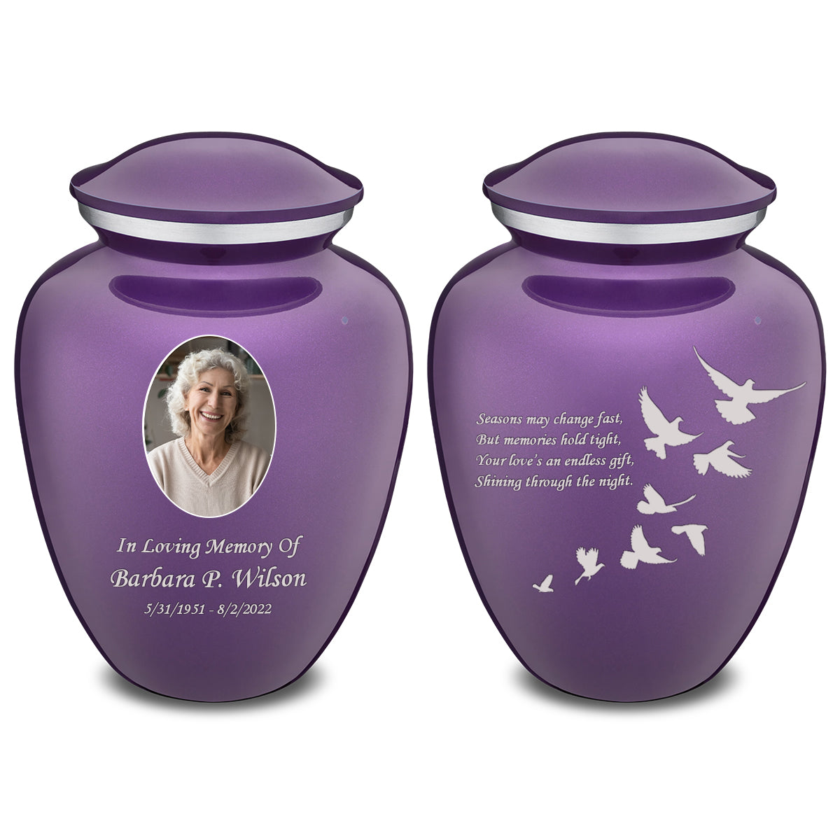 Medium Embrace Purple Portrait with Doves Cremation Urn