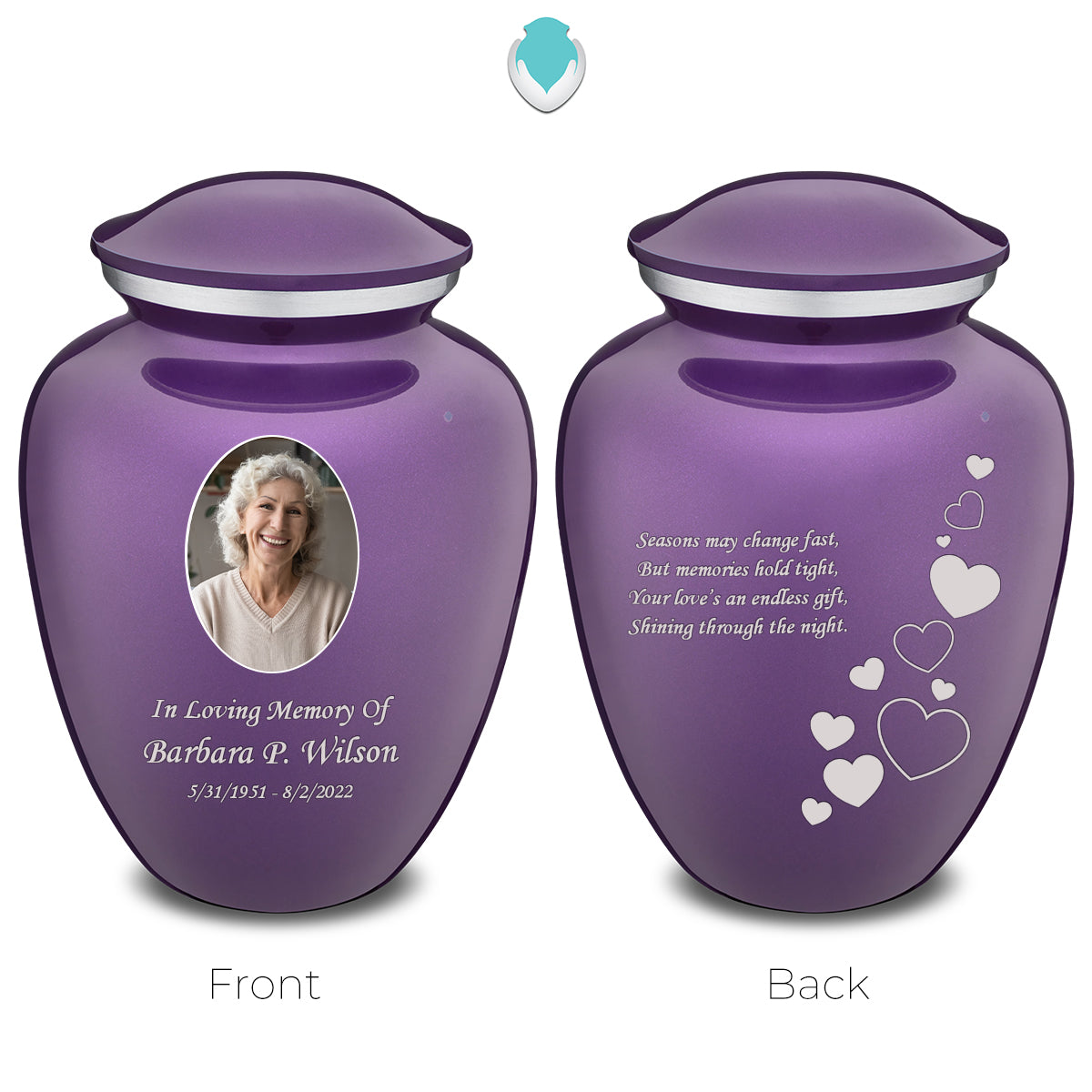Medium Embrace Purple Portrait with Floating Hearts Cremation Urn