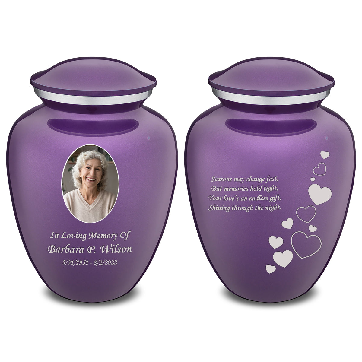Medium Embrace Purple Portrait with Floating Hearts Cremation Urn