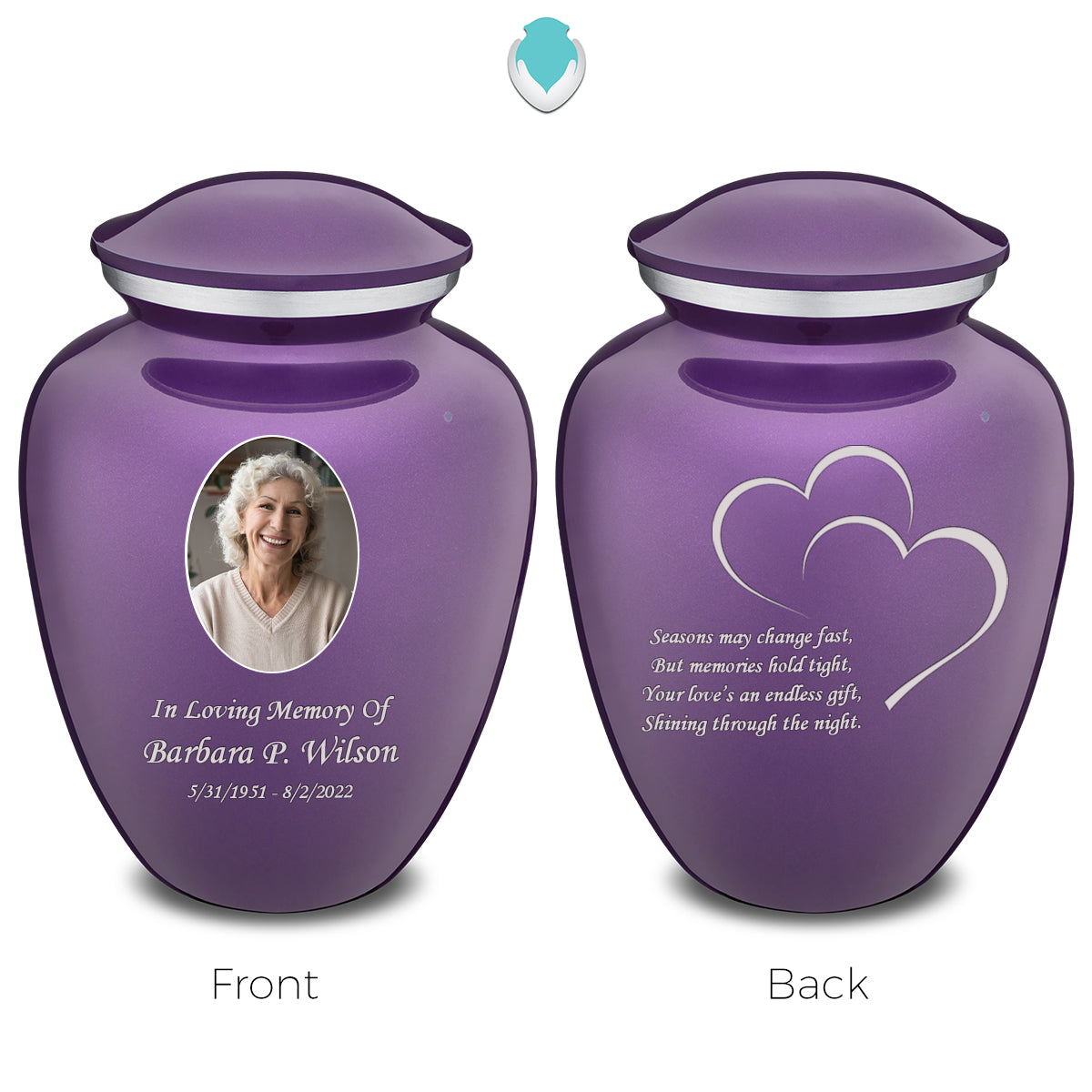 Medium Embrace Purple Portrait with Hearts Cremation Urn