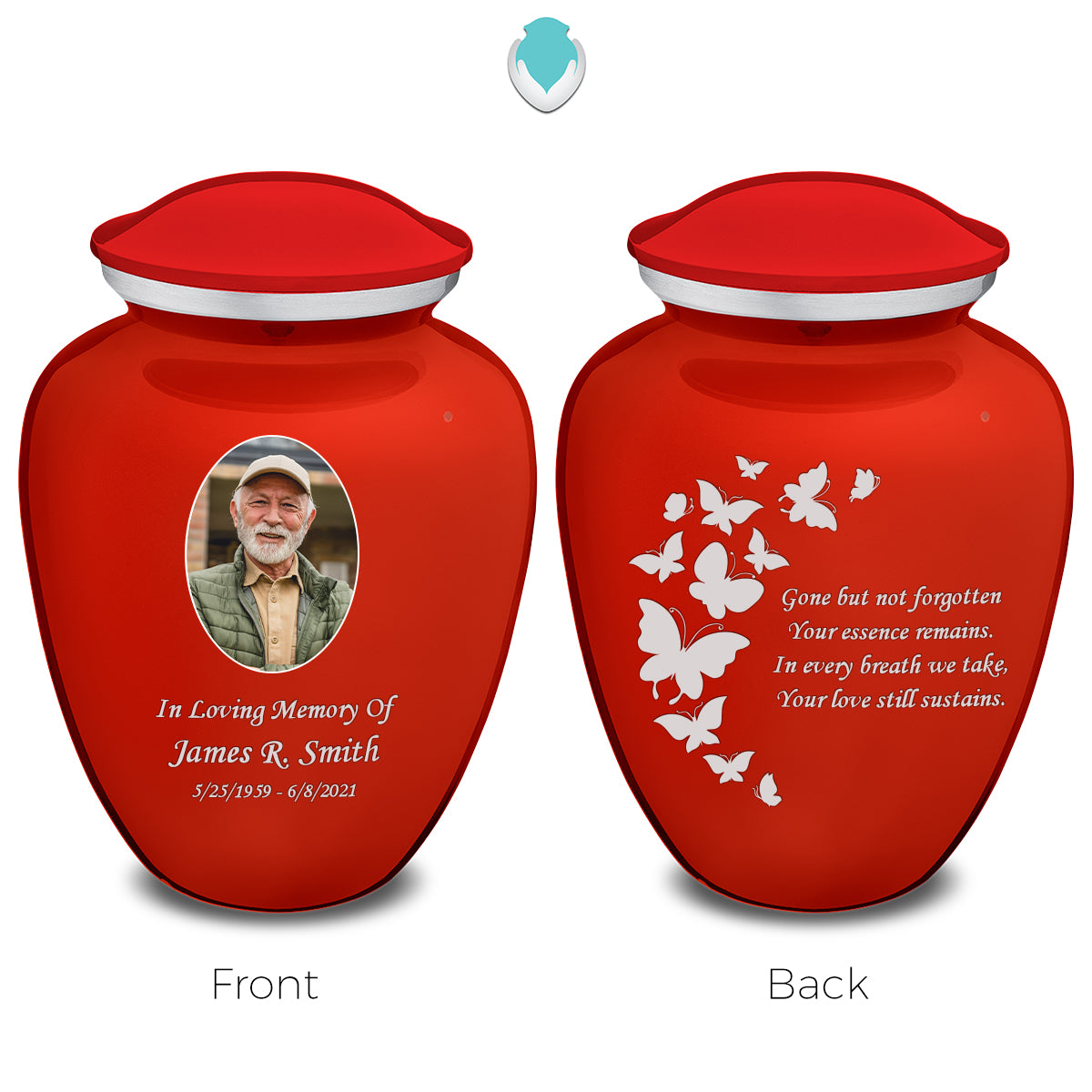 Medium Embrace Bright Red Portrait with Butterflies Cremation Urn