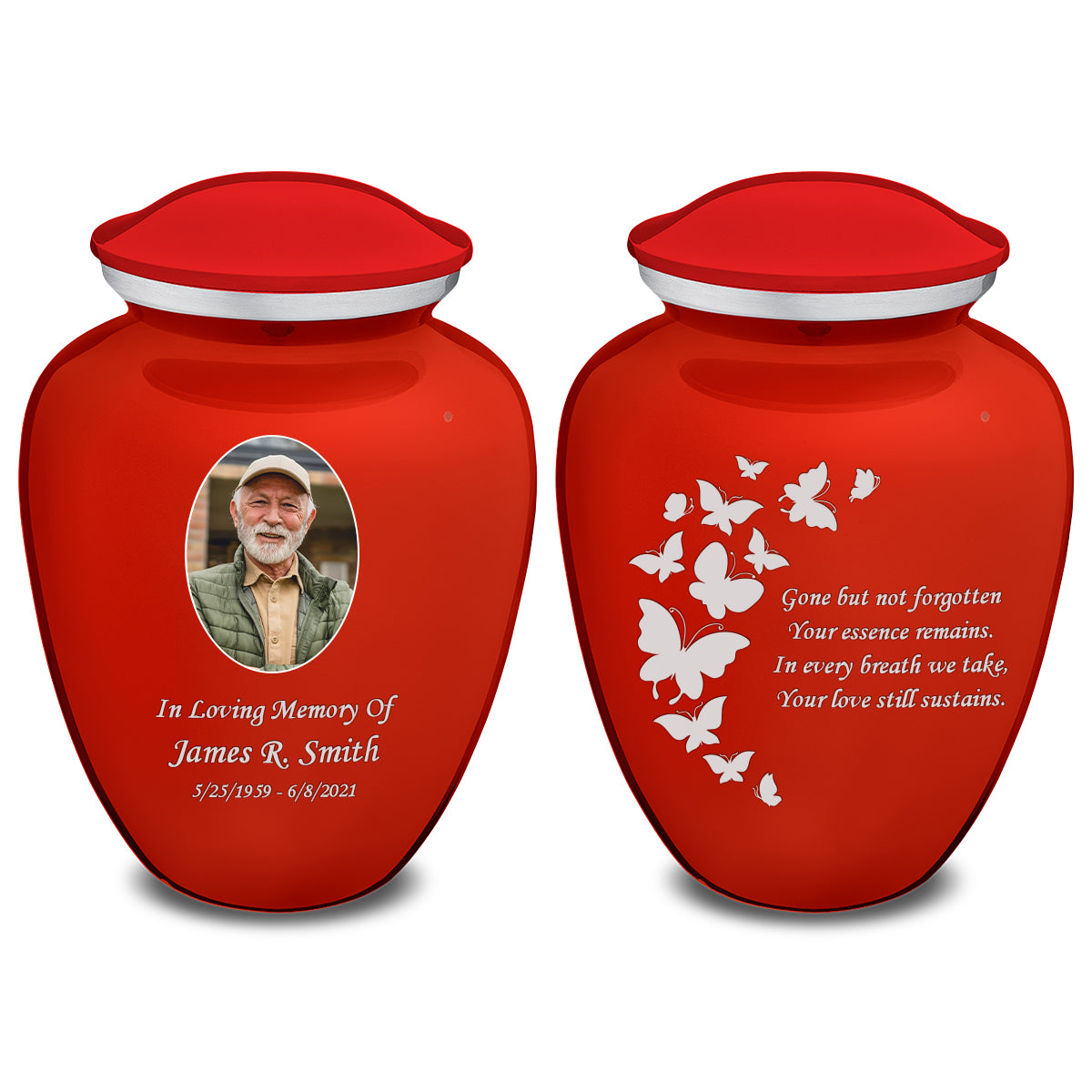 Medium Embrace Bright Red Portrait with Butterflies Cremation Urn