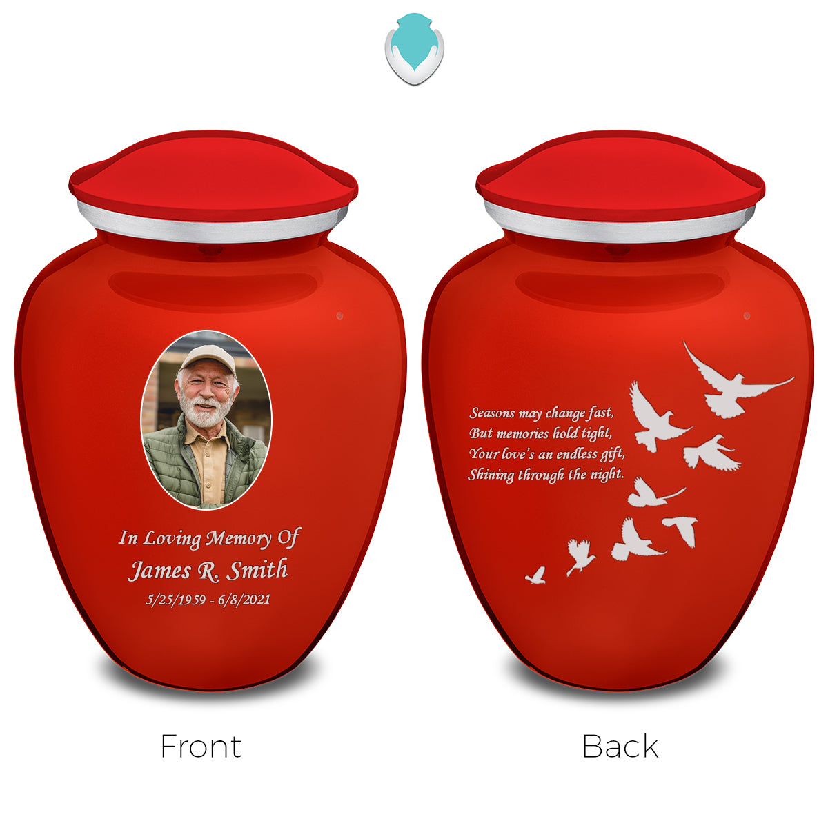 Medium Embrace Bright Red Portrait with Doves Cremation Urn