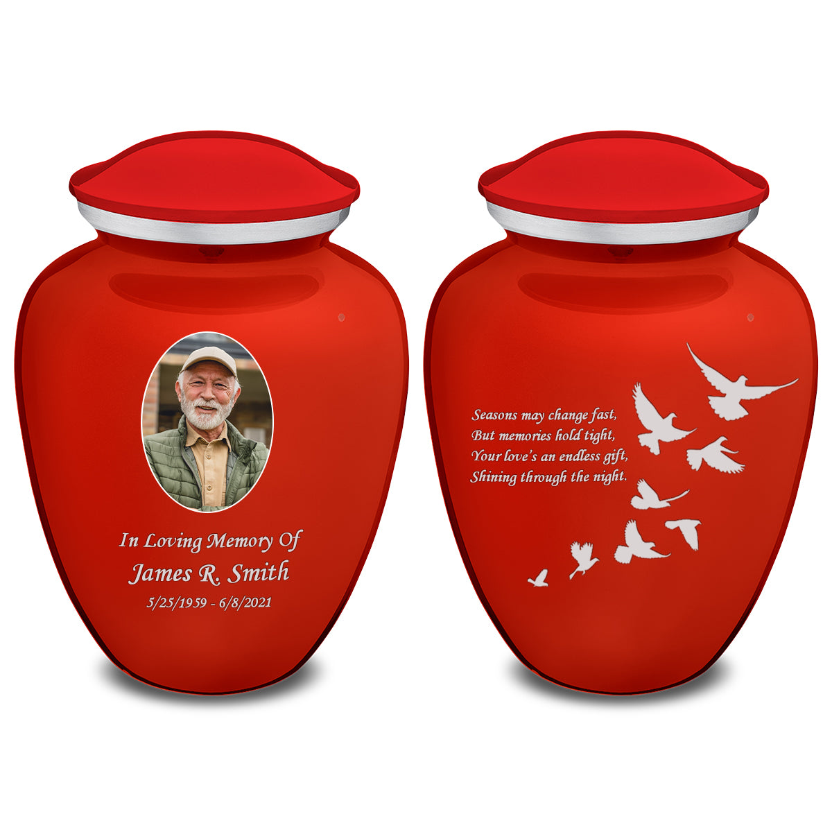 Medium Embrace Bright Red Portrait with Doves Cremation Urn
