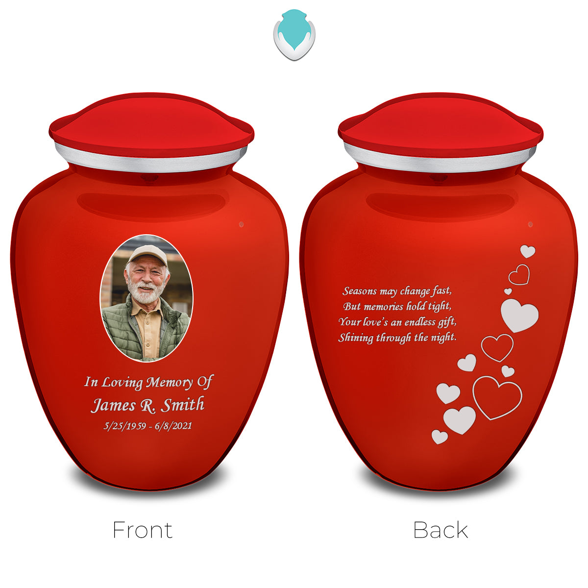 Medium Embrace Bright Red Portrait with Floating Hearts Cremation Urn