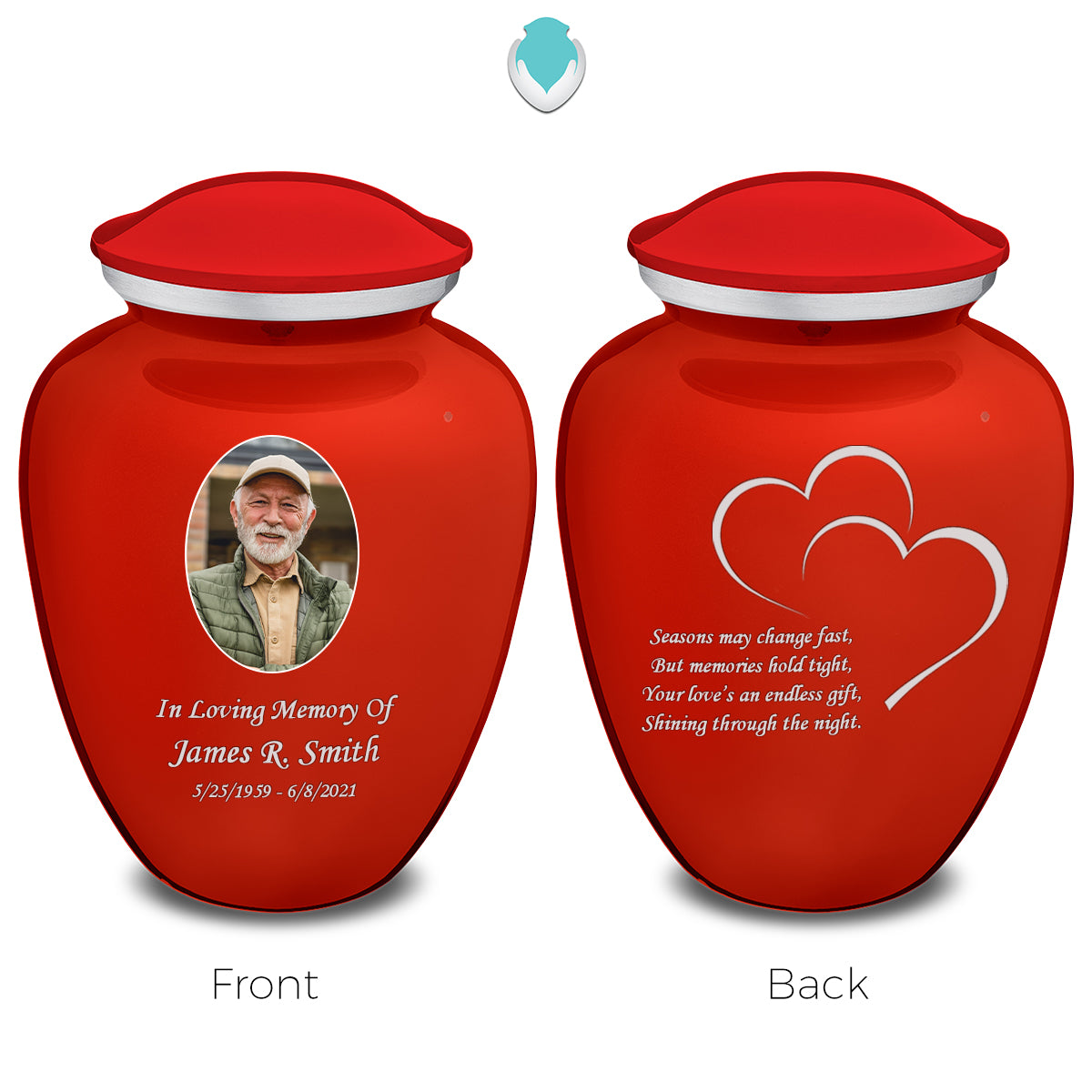 Medium Embrace Bright Red Portrait with Hearts Cremation Urn