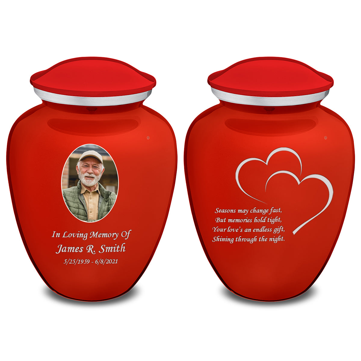 Adult Embrace Bright Red Portrait with Hearts Cremation Urn