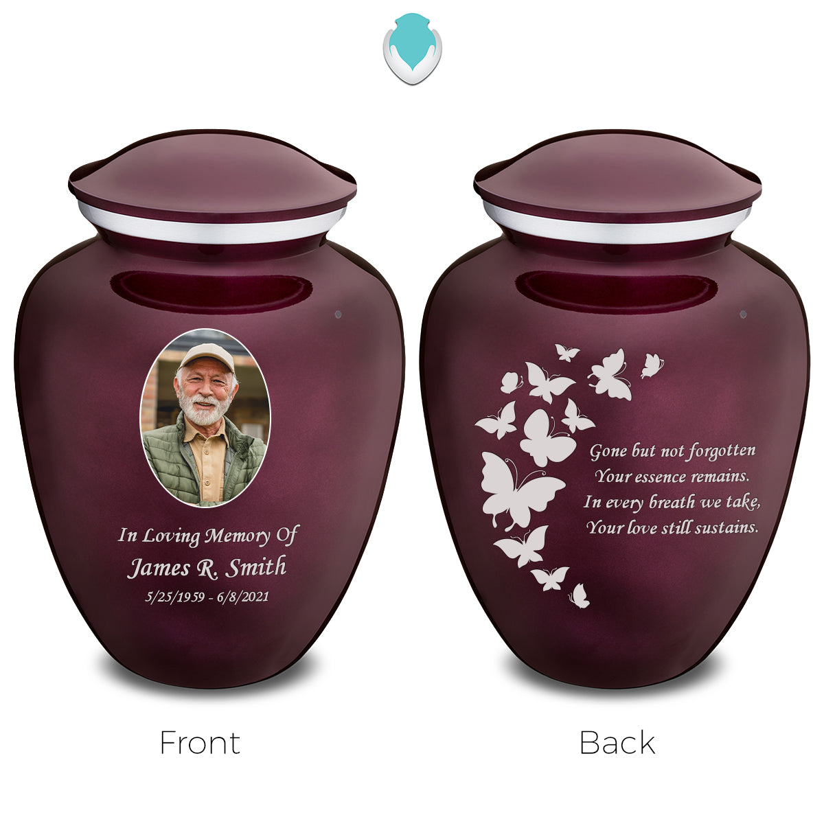Medium Embrace Cherry Purple Portrait with Butterflies Cremation Urn