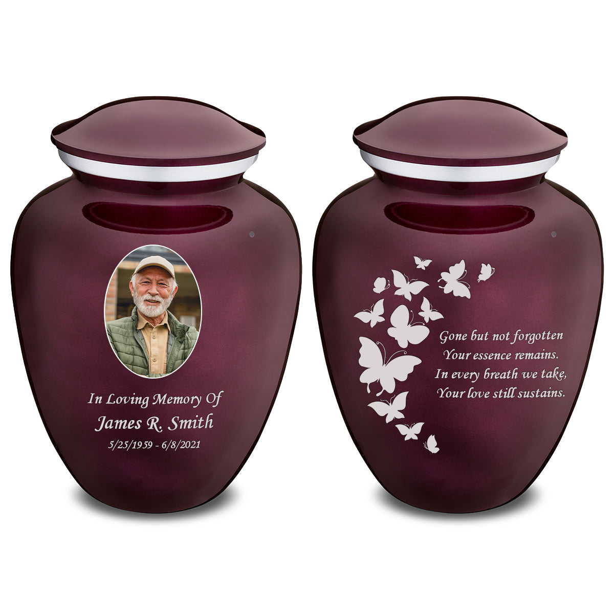Medium Embrace Cherry Purple Portrait with Butterflies Cremation Urn