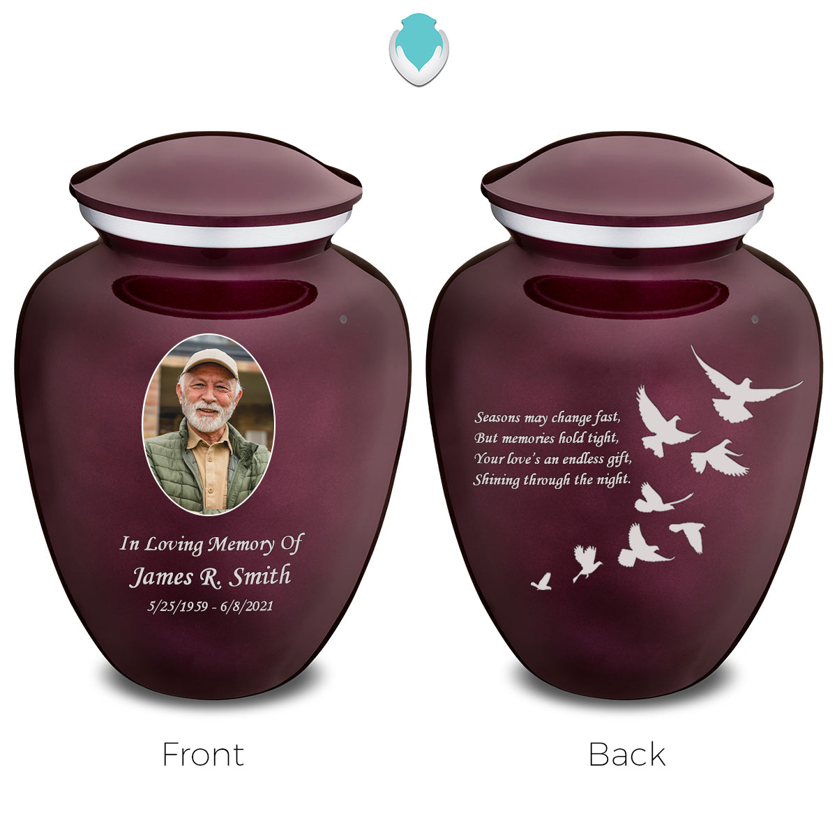 Medium Embrace Cherry Purple Portrait with Doves Cremation Urn