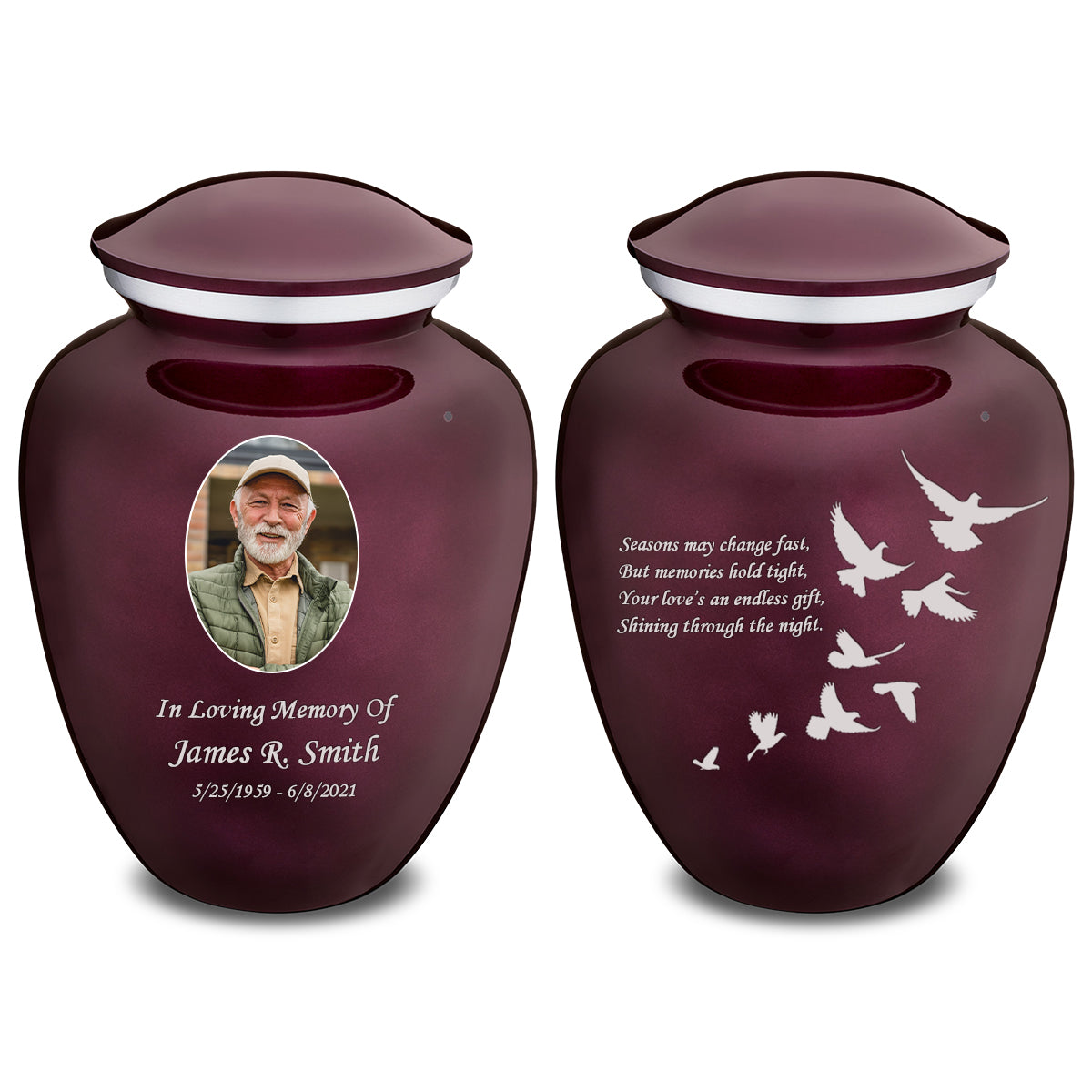 Medium Embrace Cherry Purple Portrait with Doves Cremation Urn