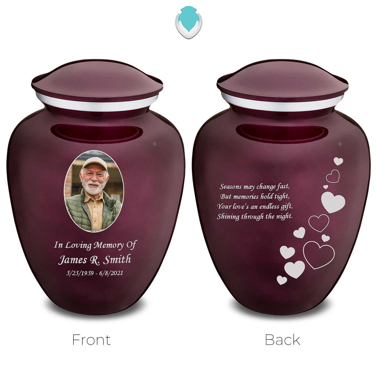 Medium Embrace Cherry Purple Portrait with Floating Hearts Cremation Urn