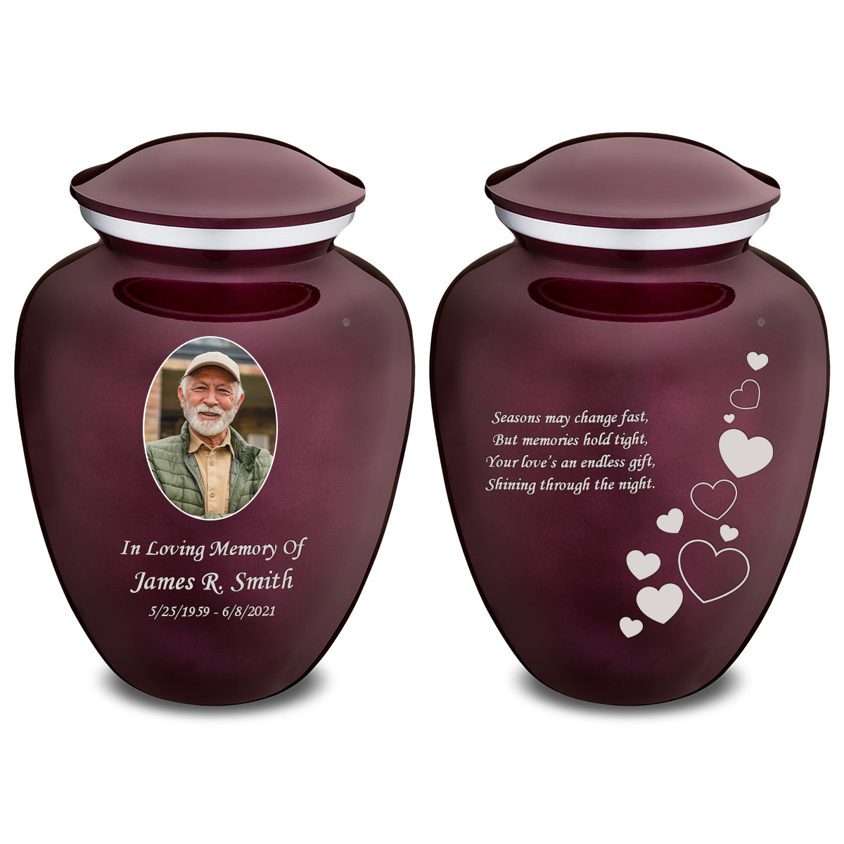 Medium Embrace Cherry Purple Portrait with Floating Hearts Cremation Urn