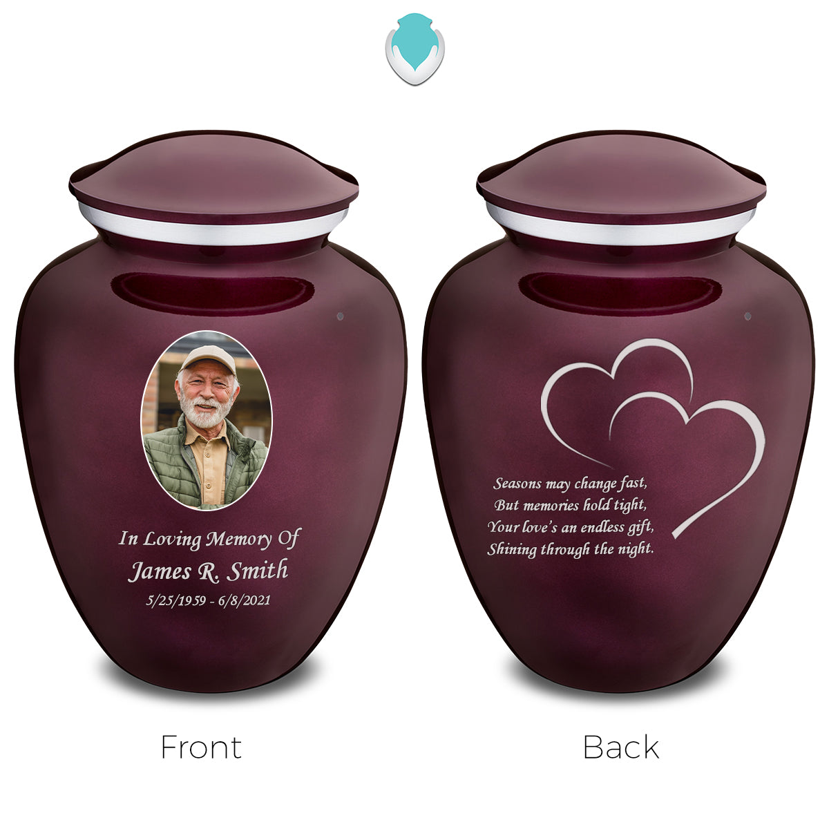 Medium Embrace Cherry Purple Portrait with Hearts Cremation Urn
